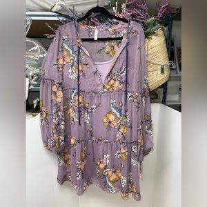 Xhilaration Lilac Floral Tiered Dress Long Sleeve NWT